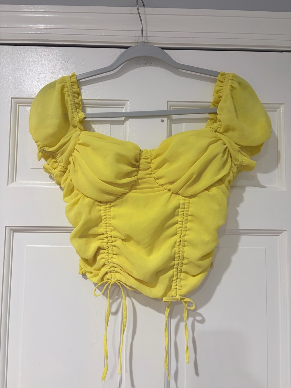 Love Tree Bright Yellow Ruched Puff Sleeve Crop Top